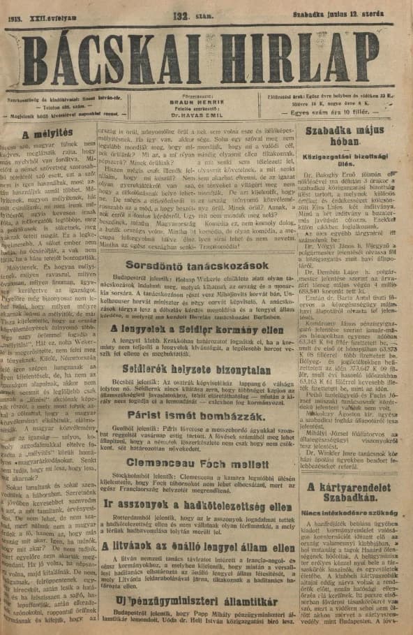 Bácskai Hirlap, 22. évf. 1918. június 12. 132. sz.