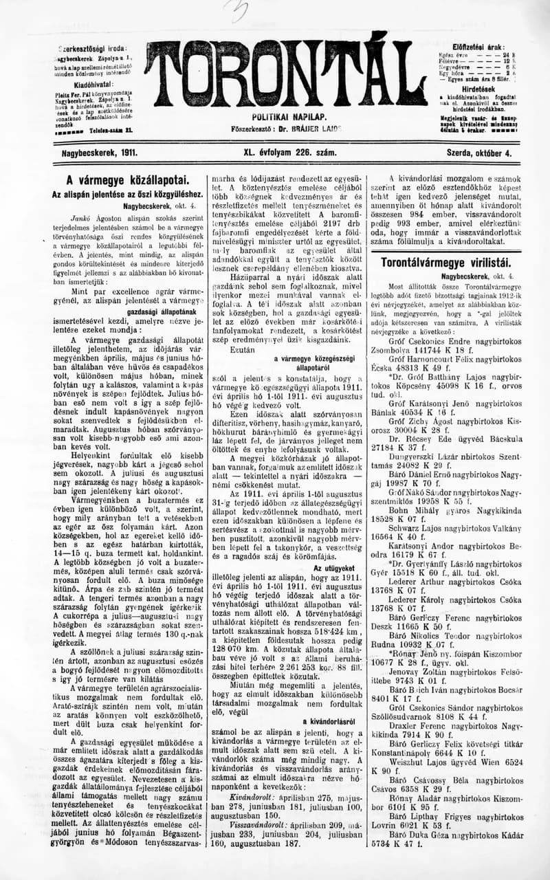 Torontál, 40. évf. 1911. október 4. 226. sz.