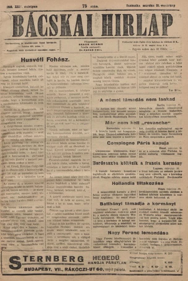 Bácskai Hirlap, 22. évf. 1918. március 31. 75. sz.