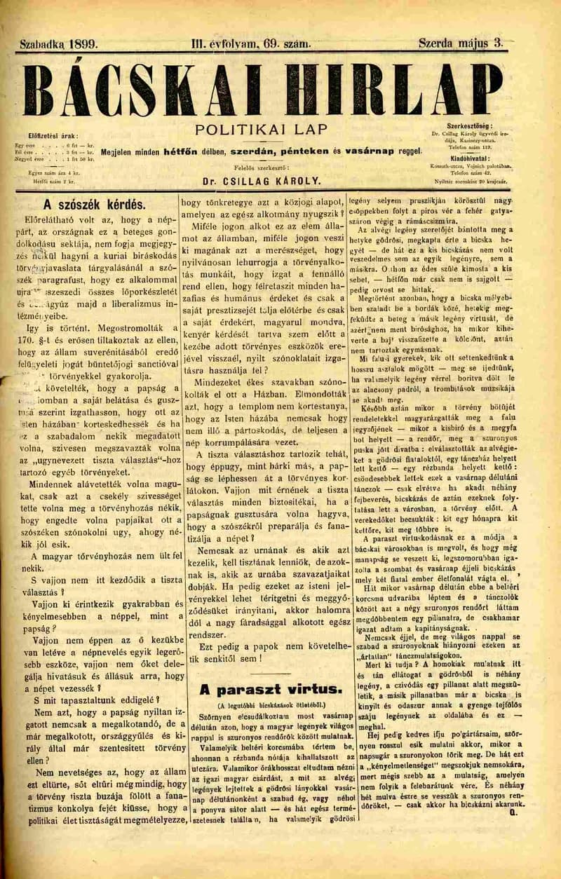 Bácskai Hirlap, 3. évf. 1899. május 3. 69. sz.