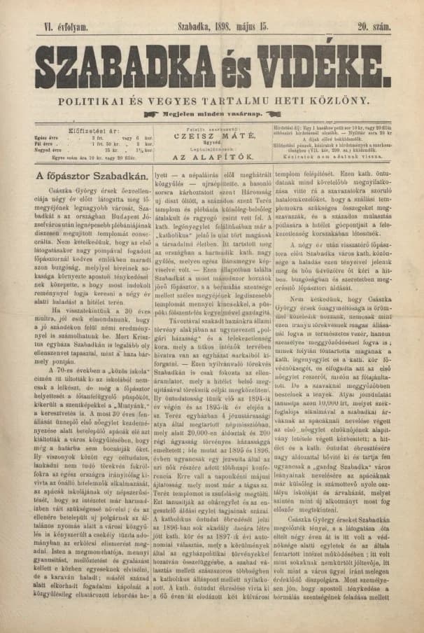 Szabadka és vidéke II, 6. évf. 1898. május 15. 20. sz.