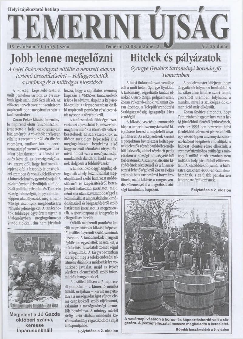 Temerini Újság, 9. évf. 2003. október 2. 40. sz.