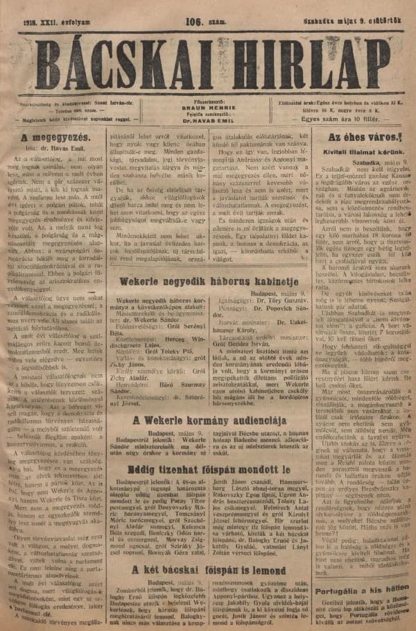 Bácskai Hirlap, 22. évf. 1918. május 9. 106. sz.