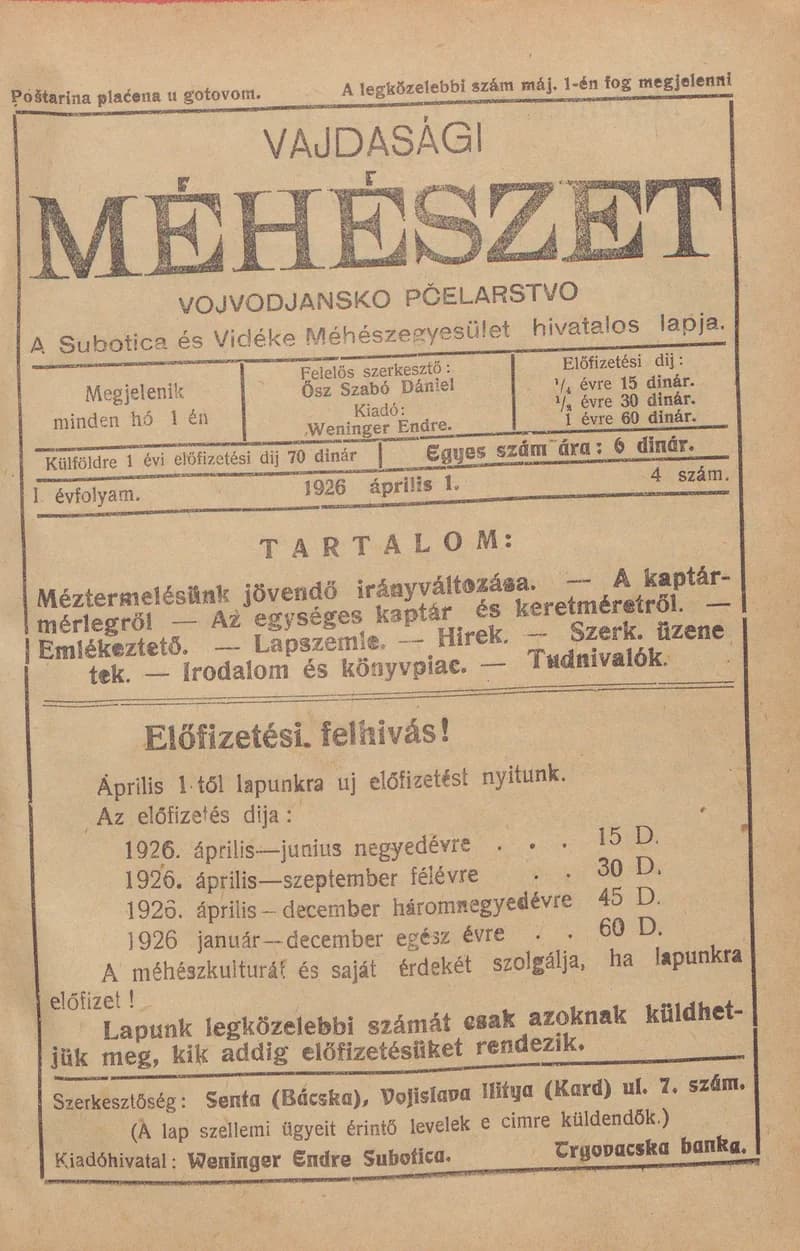 Vajdasági méhészet, 1. évf. 1926. április 1. 4. sz.
