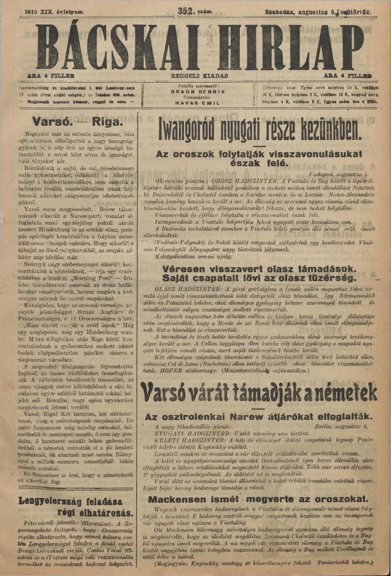 Bácskai Hirlap, 19. évf. 1915. augusztus 5. 352. sz.