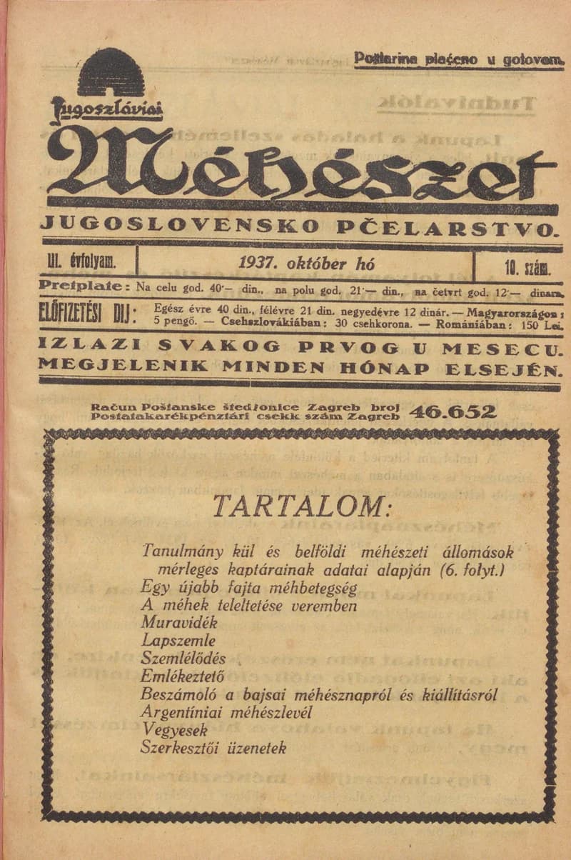 Jugoszláviai méhészet, 3. évf. 1937. október 1. 10. sz.