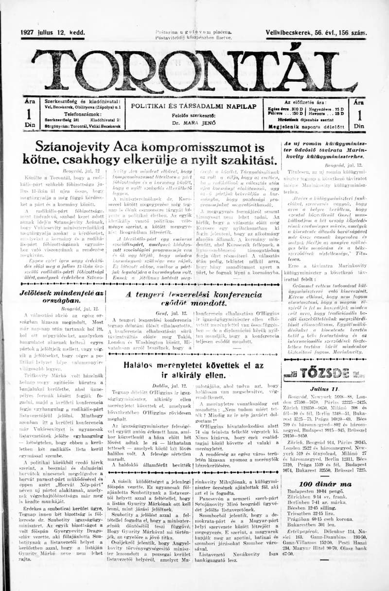 Torontál, 56. évf. 1927. július 12. 156. sz.