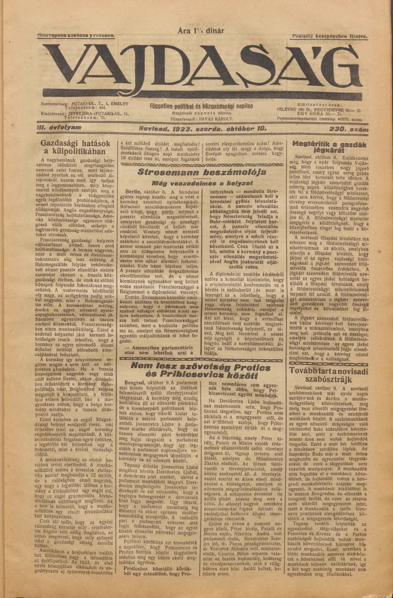 Vajdaság, 3. évf. 1923. október 10. 230. sz.
