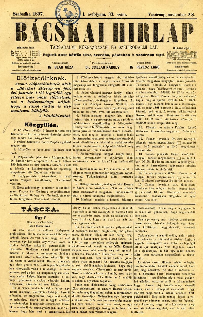 Bácskai Hirlap, 1. évf. 1897. november 28. 33. sz. 1–2. oldal