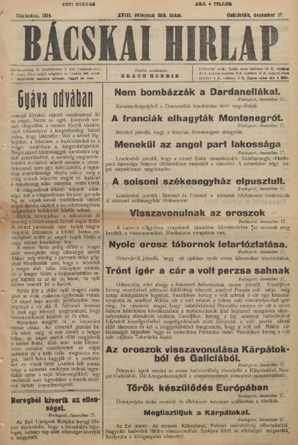 Bácskai Hirlap, 18. évf. 1914. december 17. 353. sz.