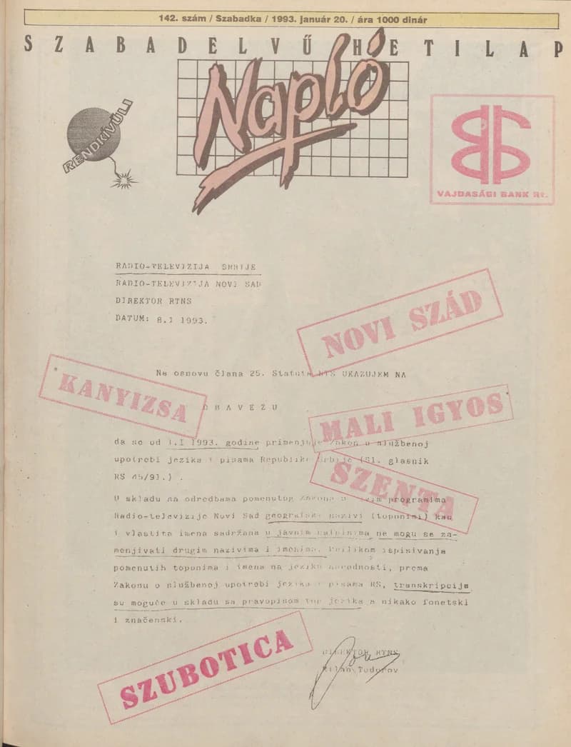 Napló - Szabadelvű hetilap, 4. évf. 1993. január 20. 142. sz.