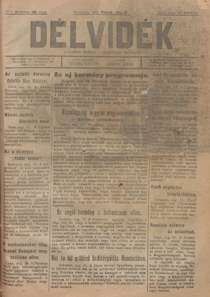 Délvidék, 13. évf. 1919. augusztus 22. 166. sz.