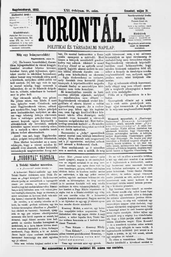 Torontál, 21. évf. 1892. május 21. 98. sz.
