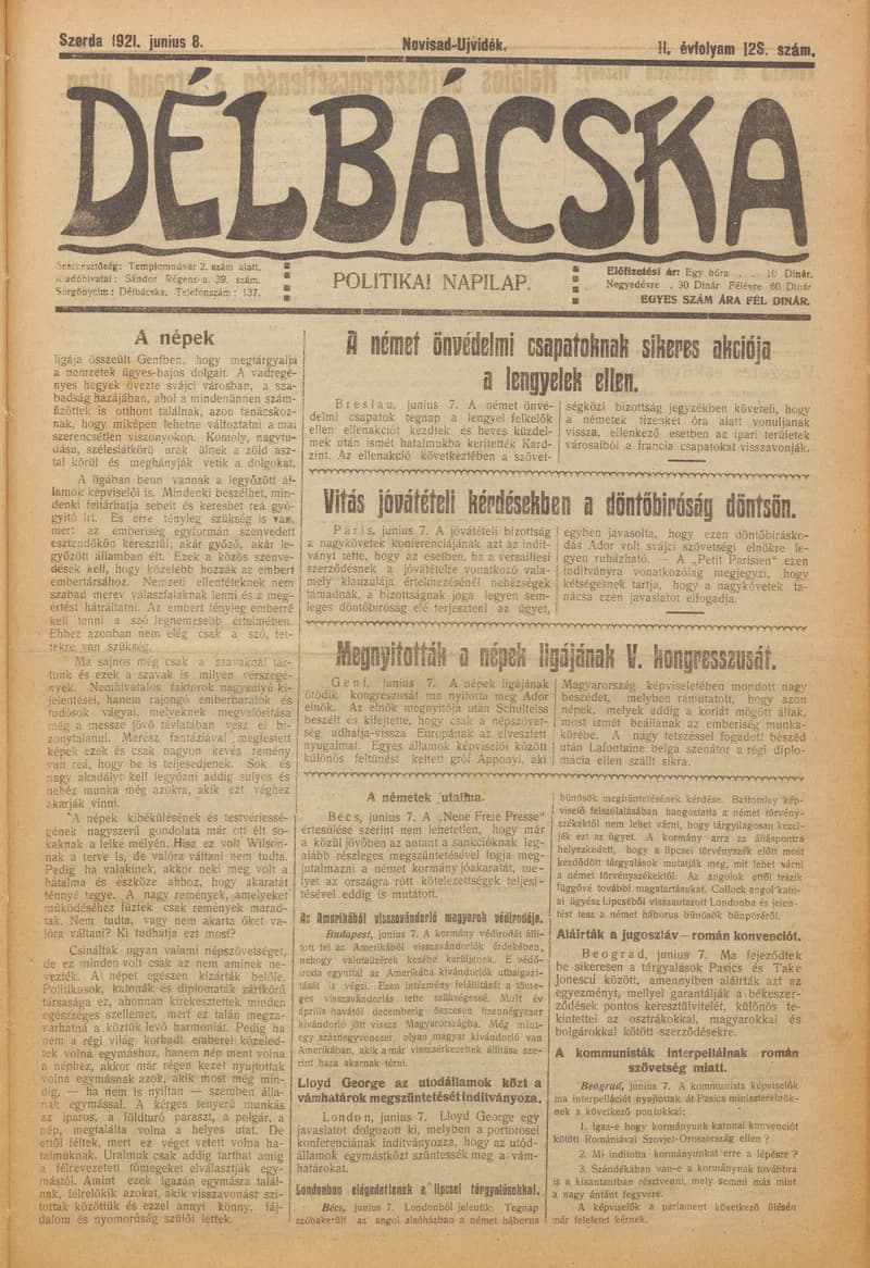 Délbácska, 2. évf. 1921. június 8. 128. sz.
