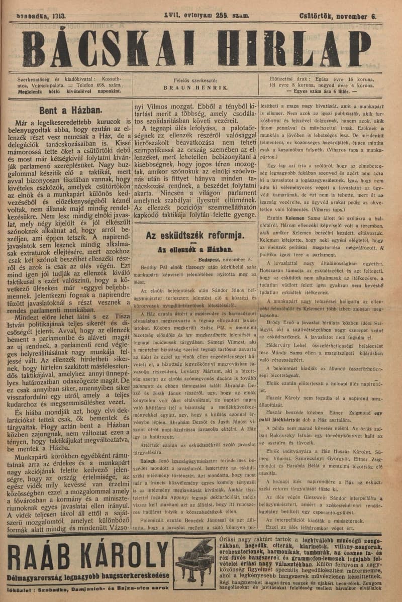 Bácskai Hirlap, 17. évf. 1913. november 6. 255. sz.