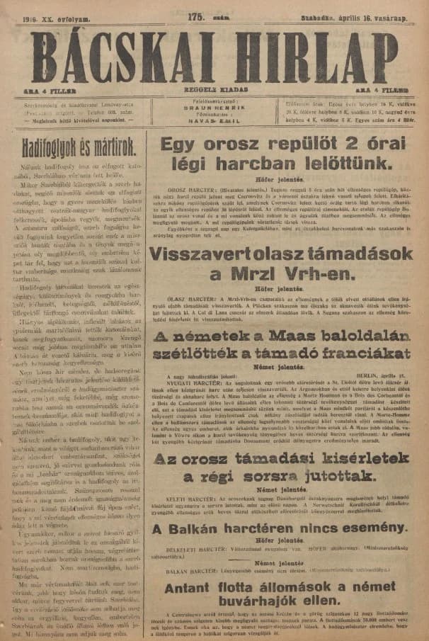 Bácskai Hirlap, 20. évf. 1916. április 16. 175. sz.