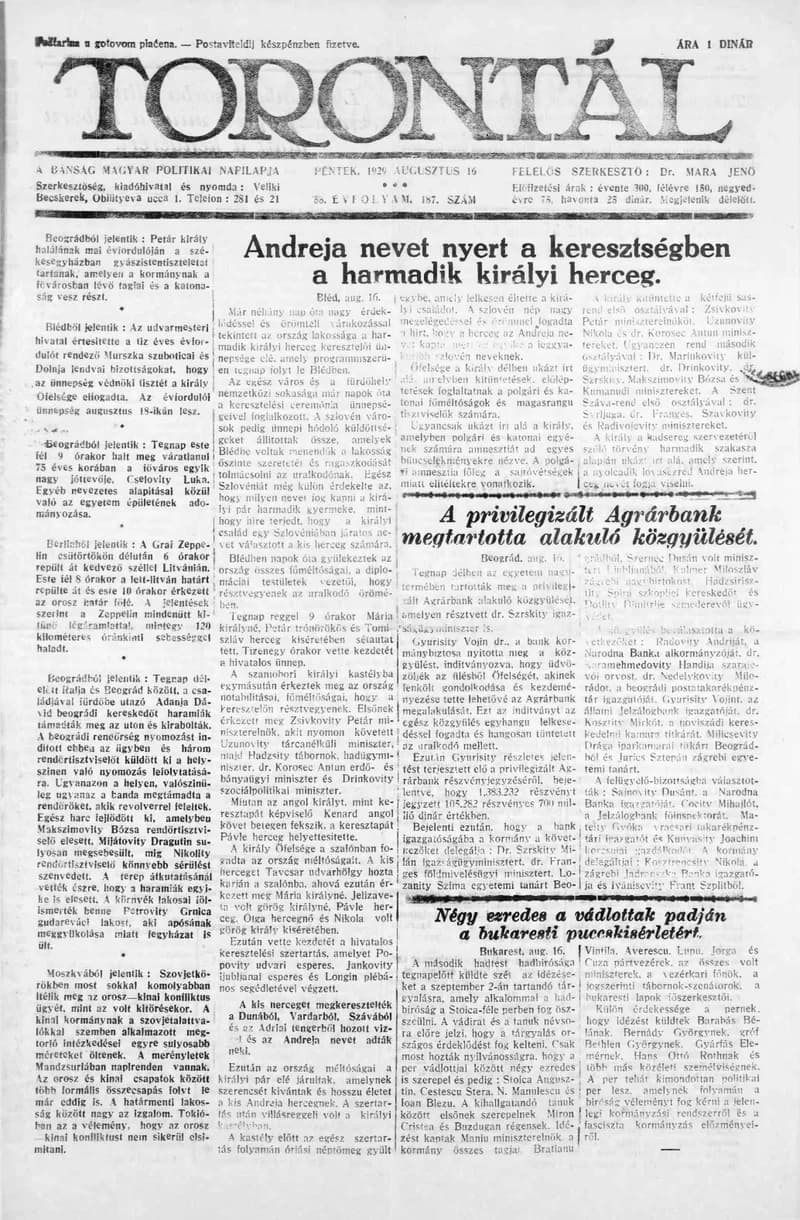 Torontál, 58. évf. 1929. augusztus 16. 187. sz.