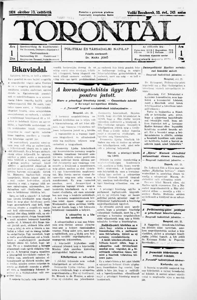 Torontál, 53. évf. 1924. október 23. 243. sz.