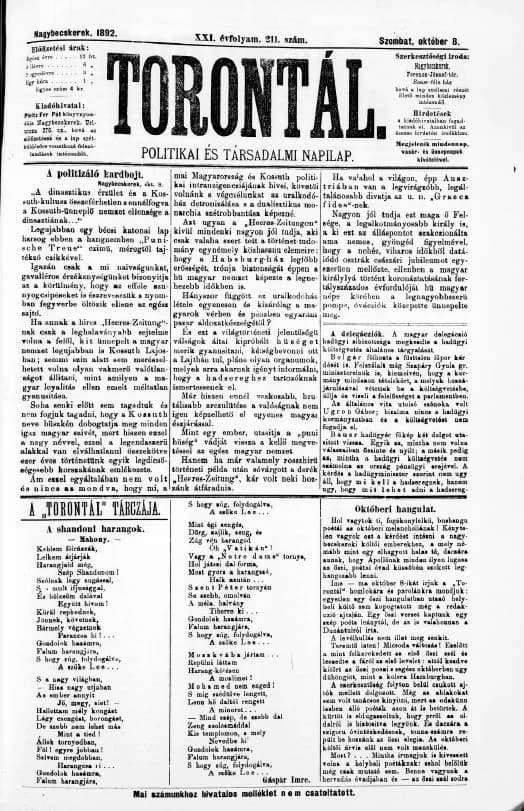 Torontál, 21. évf. 1892. október 8. 211. sz.