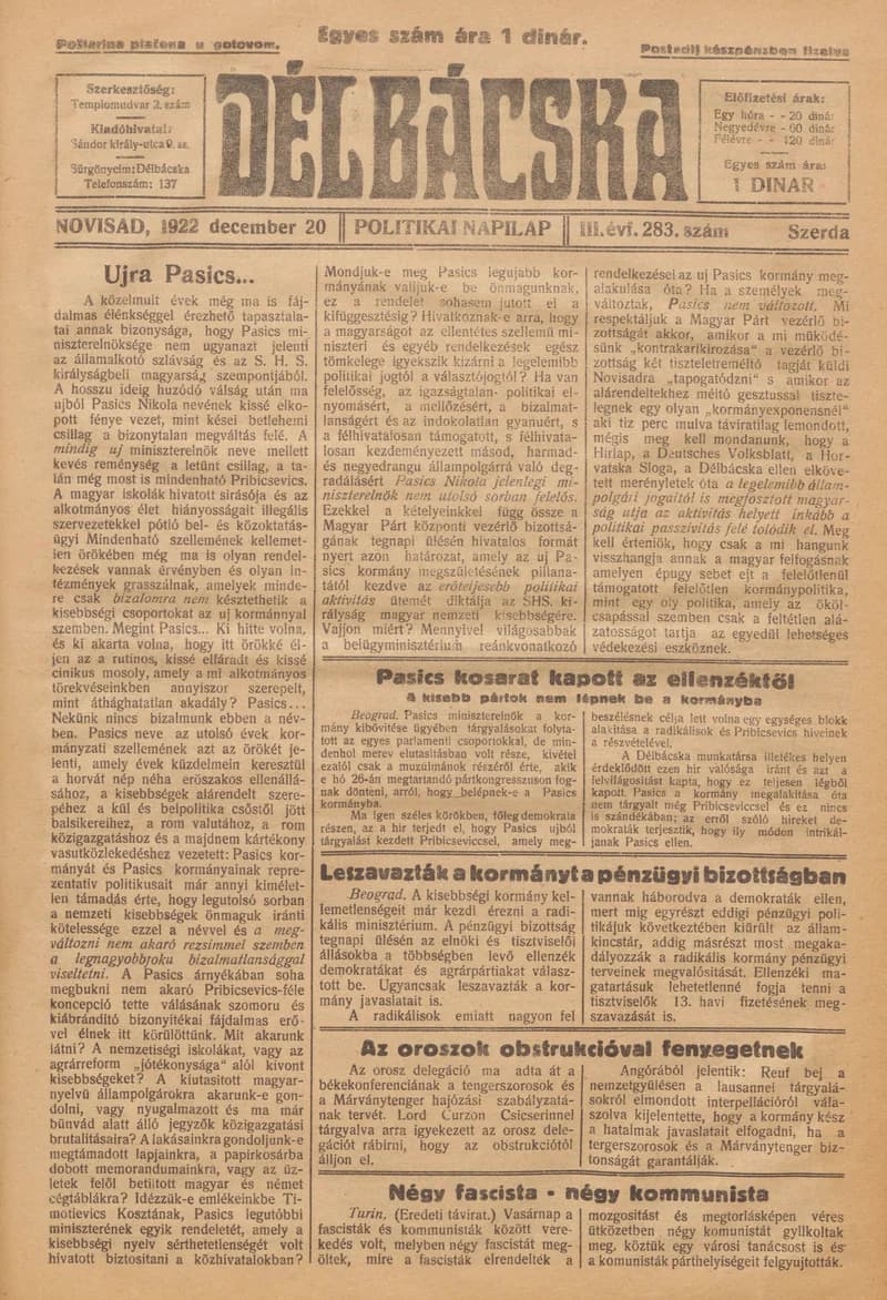 Délbácska, 3. évf. 1922. december 20. 283. sz.