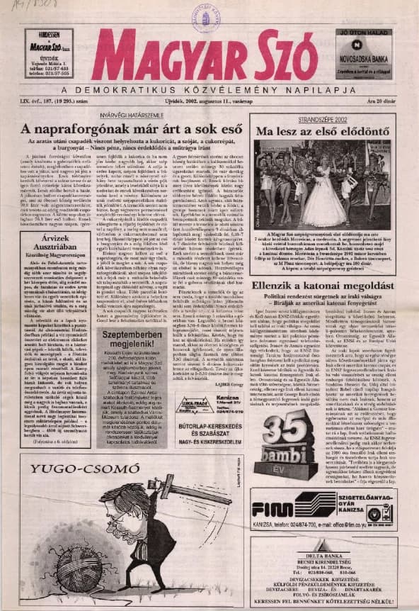Magyar Szó, 59. évf. 2002. augusztus 11. 187. sz. 1–28. oldal
