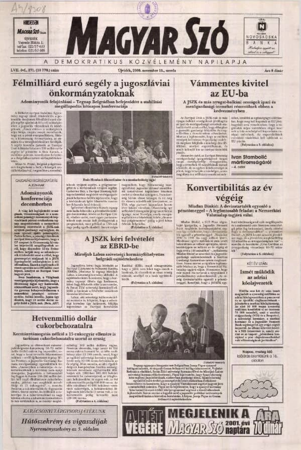 Magyar Szó, 57. évf. 2000. november 15. 271. sz. 1–16. oldal