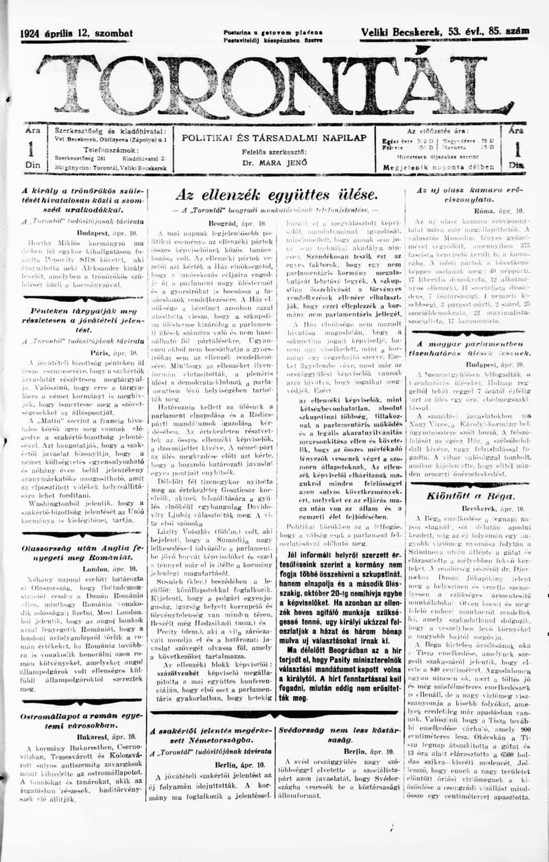 Torontál, 53. évf. 1924. április 12. 85. sz.