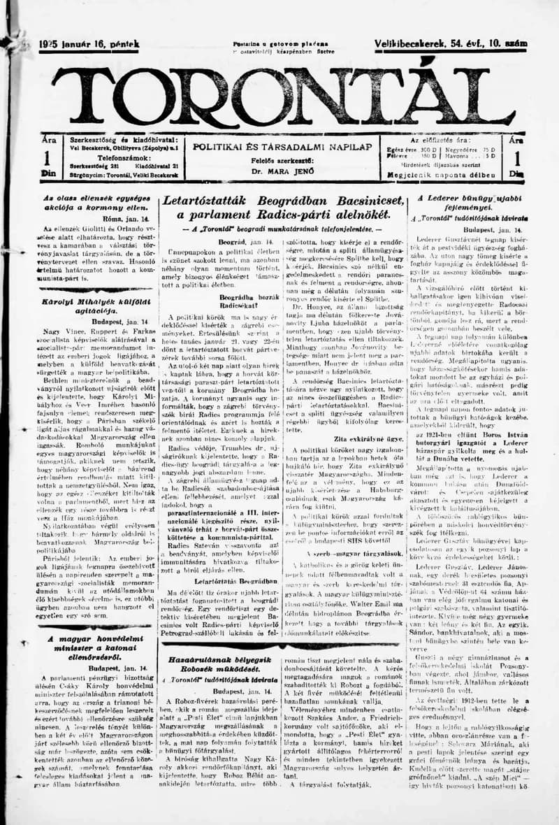 Torontál, 54. évf. 1925. január 16. 10. sz.