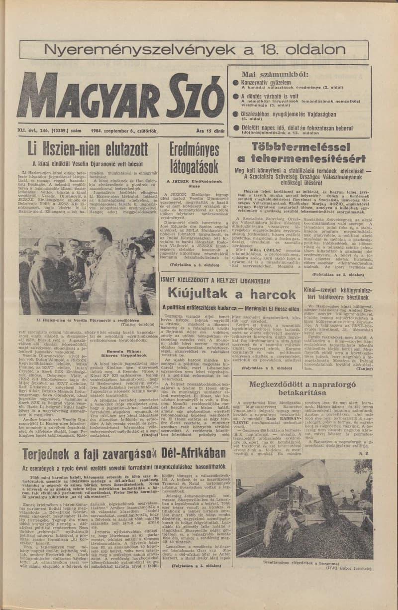Magyar Szó, 41. évf. 1984. szeptember 6. 246. sz. 1–20. oldal