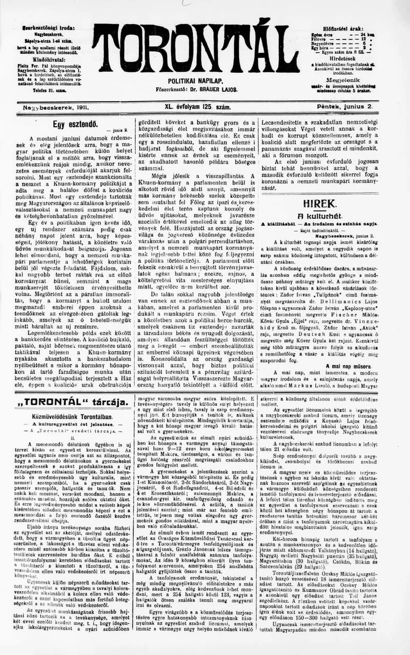 Torontál, 40. évf. 1911. június 2. 125. sz.