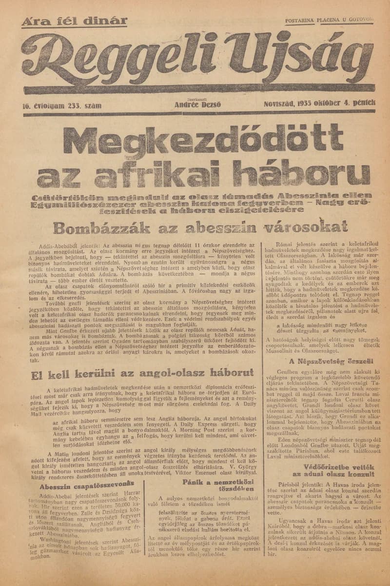 Reggeli Újság, 16. évf. 1935. október 4. 233. sz.