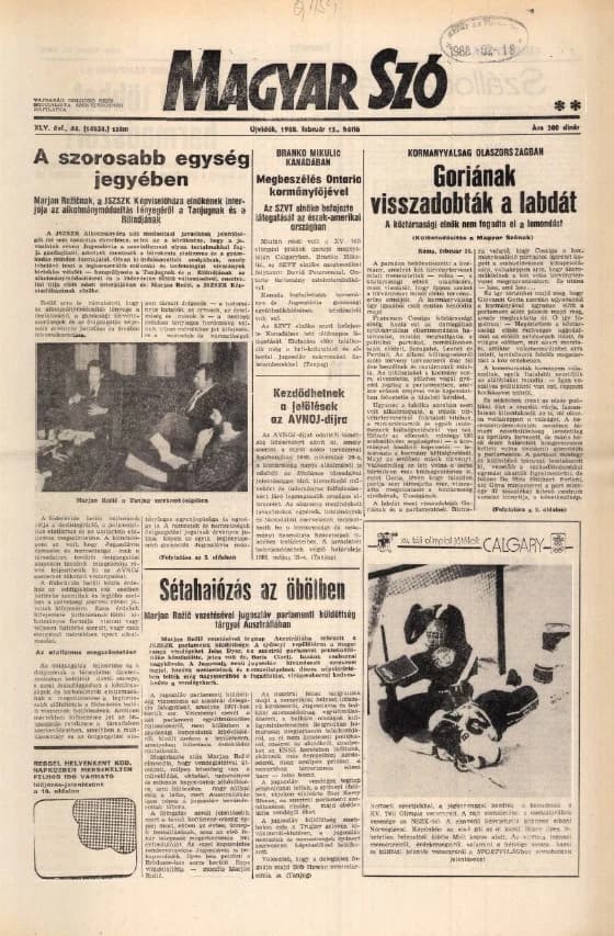 Magyar Szó, 45. évf. 1988. február 15. 44. sz. 1–20. oldal