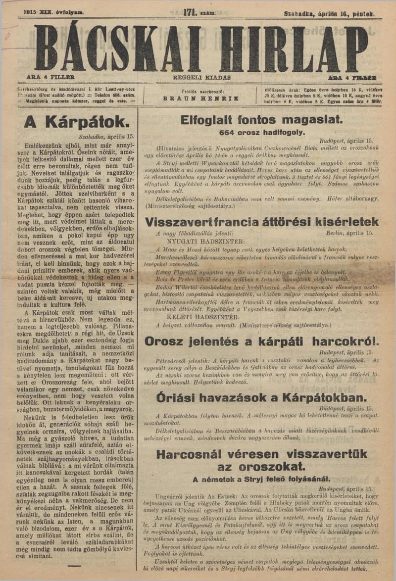 Bácskai Hirlap, 19. évf. 1915. április 16. 171. sz.