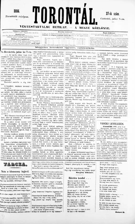 Torontál, 15. évf. 1886. július 8. 27. sz.