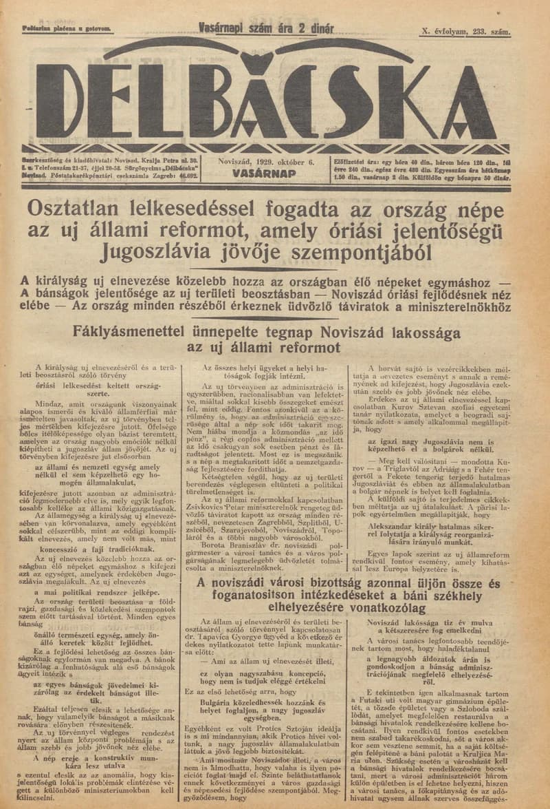 Délbácska, 10. évf. 1929. október 6. 233. sz.