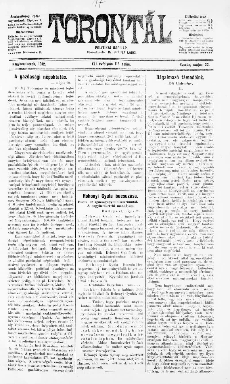 Torontál, 41. évf. 1912. május 22. 116. sz.