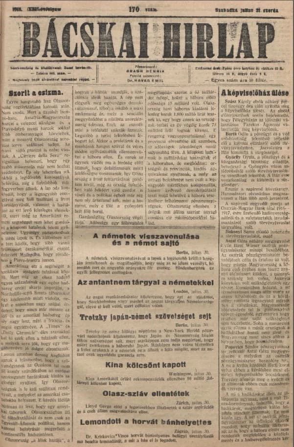 Bácskai Hirlap, 22. évf. 1918. július 31. 170. sz.