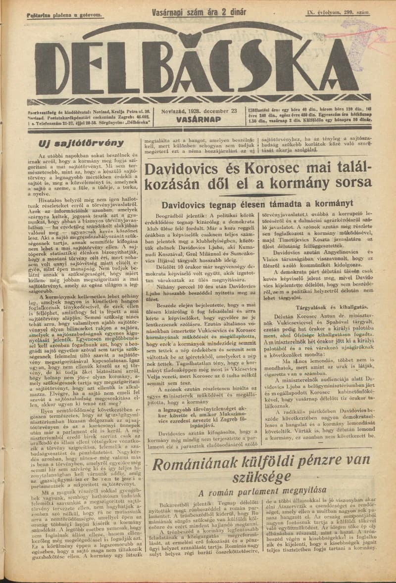 Délbácska, 9. évf. 1928. december 23. 299. sz.