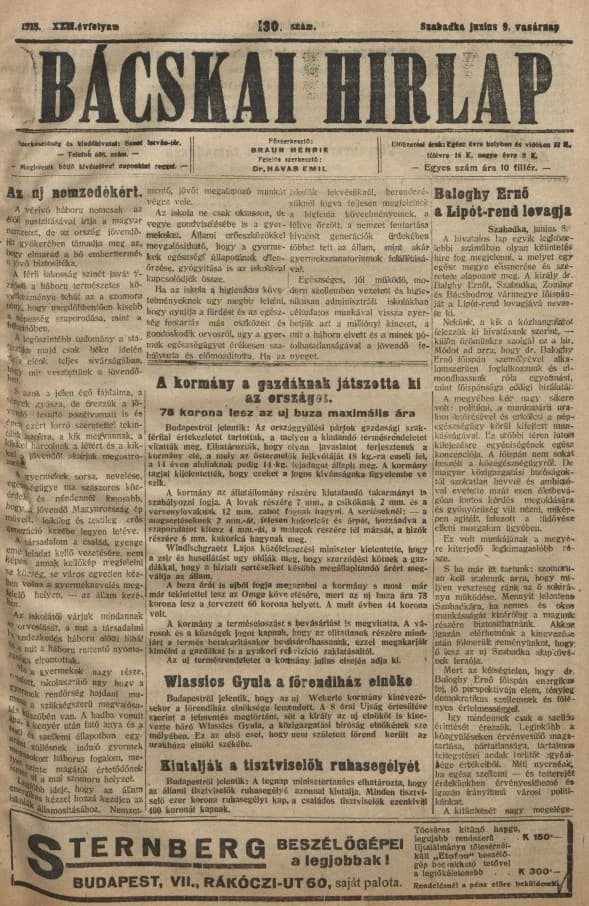 Bácskai Hirlap, 22. évf. 1918. június 9. 130. sz.