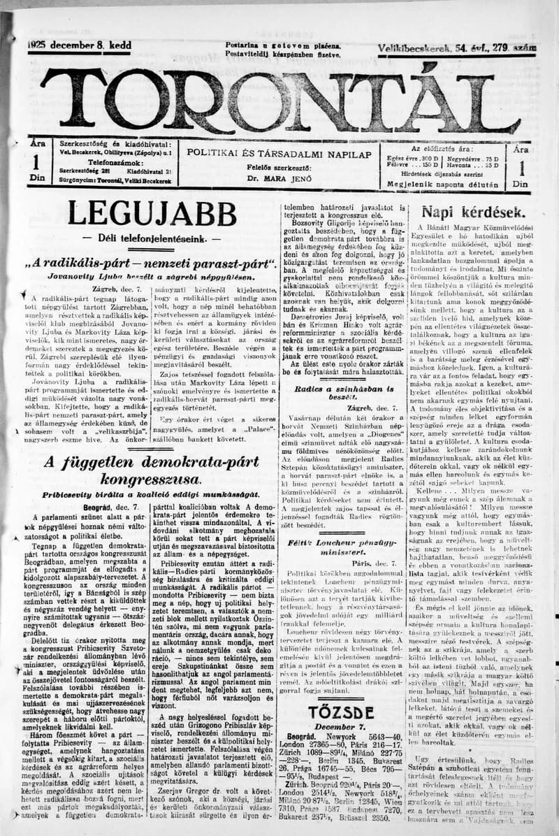 Torontál, 54. évf. 1925. december 8. 279. sz.