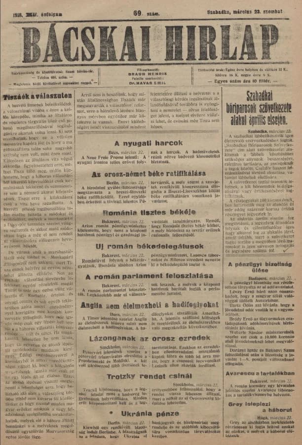 Bácskai Hirlap, 22. évf. 1918. március 23. 69. sz.