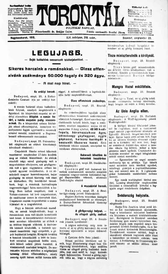 Torontál, 45. évf. 1916. szeptember 23. 218. sz.
