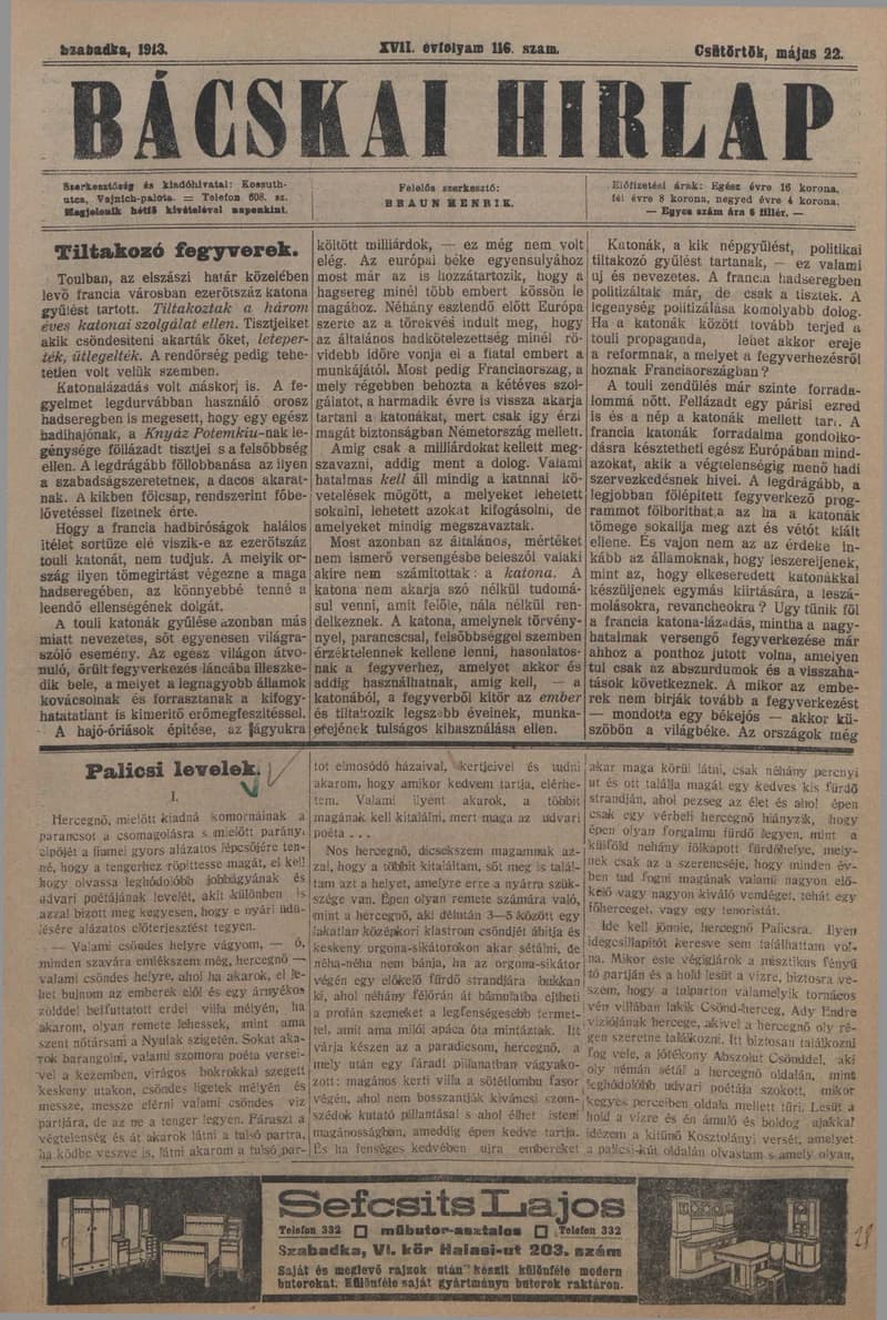 Bácskai Hirlap, 17. évf. 1913. május 22. 116. sz.