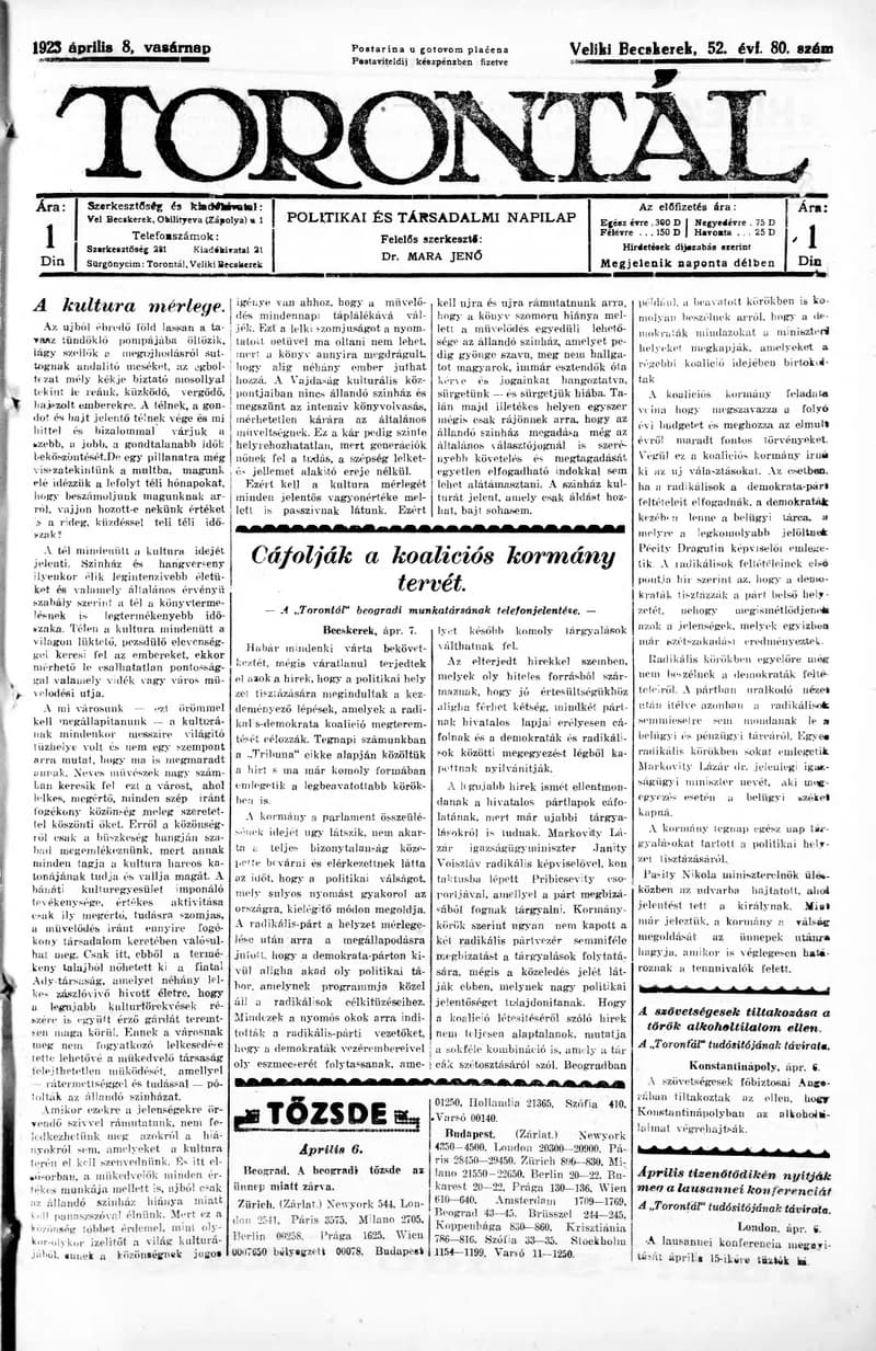 Torontál, 52. évf. 1923. április 8. 80. sz.