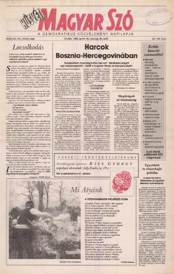 Magyar Szó, 49. évf. 1992. április 19. – 20. 108. sz. 1–32. oldal