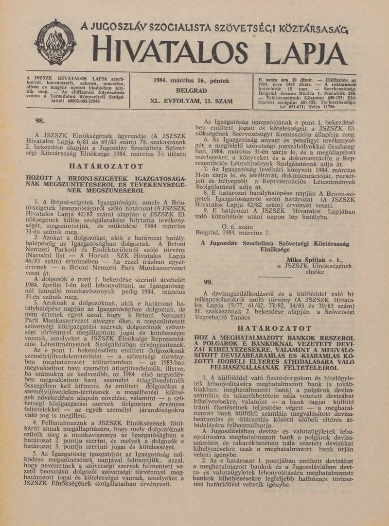 A Jugoszláv Szocialista Szövetségi Köztársaság Hivatalos Lapja, 40. évf. 1984. március 16. 13. sz. 419–430. oldal