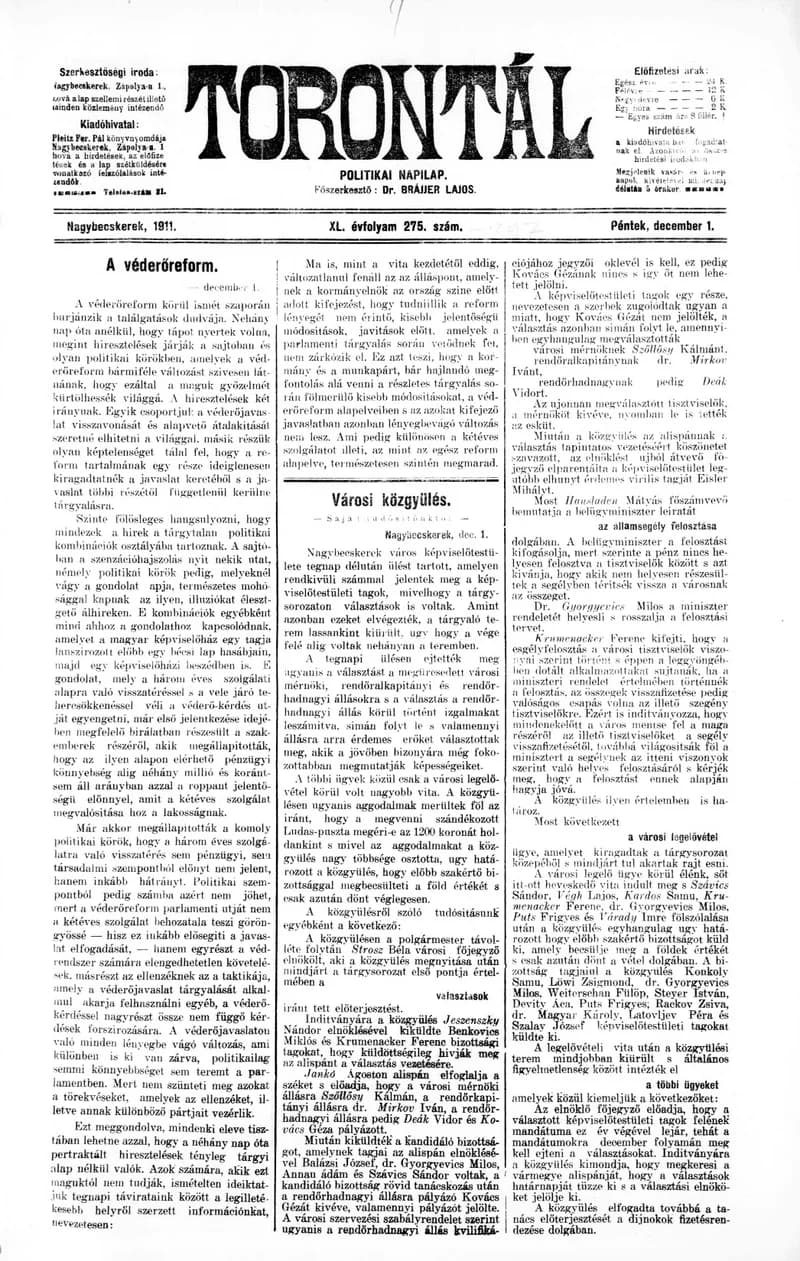 Torontál, 40. évf. 1911. december 1. 275. sz.