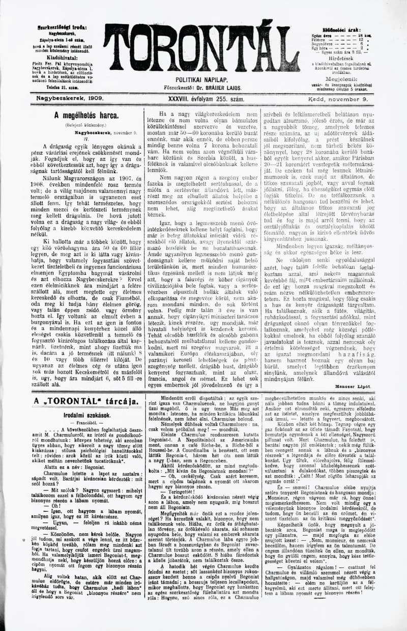 Torontál, 38. évf. 1909. november 9. 255. sz.