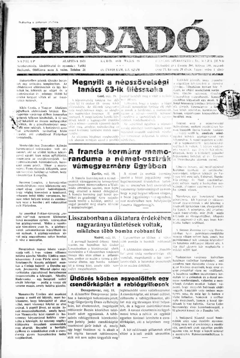 Híradó, 60. évf. 1931. május 19. 113. sz.