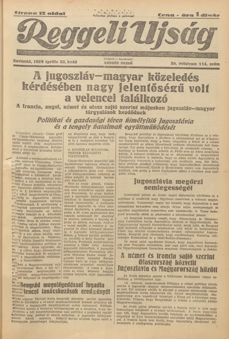 Reggeli Újság, 20. évf. 1939. április 25. 114. sz.